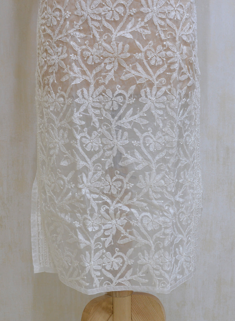 Women's Lakhnavi Handcrafted White Organza Chikankari Kurti - NC042659