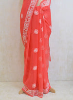 Load image into Gallery viewer, Women&#39;s Lucknowi Handcrafted Red Faux-Georgette Chikankari Saree - NC044876
