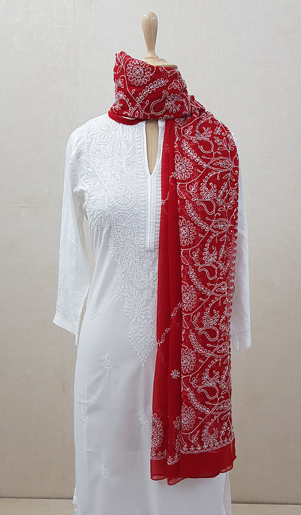 Women's Lucknowi Handcrafted Red Faux-Georgette Chikankari Dupatta - NC046415