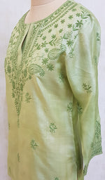 Load image into Gallery viewer, Women's Lucknowi Handcrafted Dark Green Tussar Silk Chikankari Top - NC048680-88