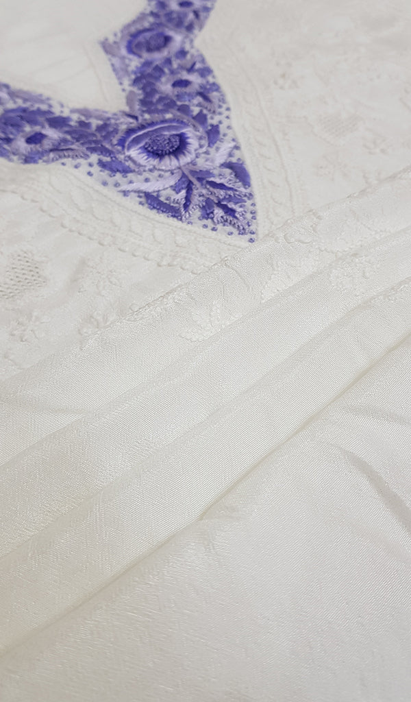 Women's Lakhnavi Handcrafted White Raw Silk Chikankari Unstitched Kurti Fabric - NC043738