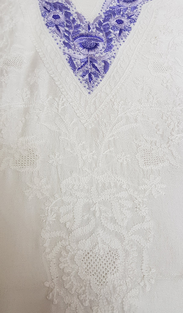 Women's Lakhnavi Handcrafted White Raw Silk Chikankari Unstitched Kurti Fabric - NC043738