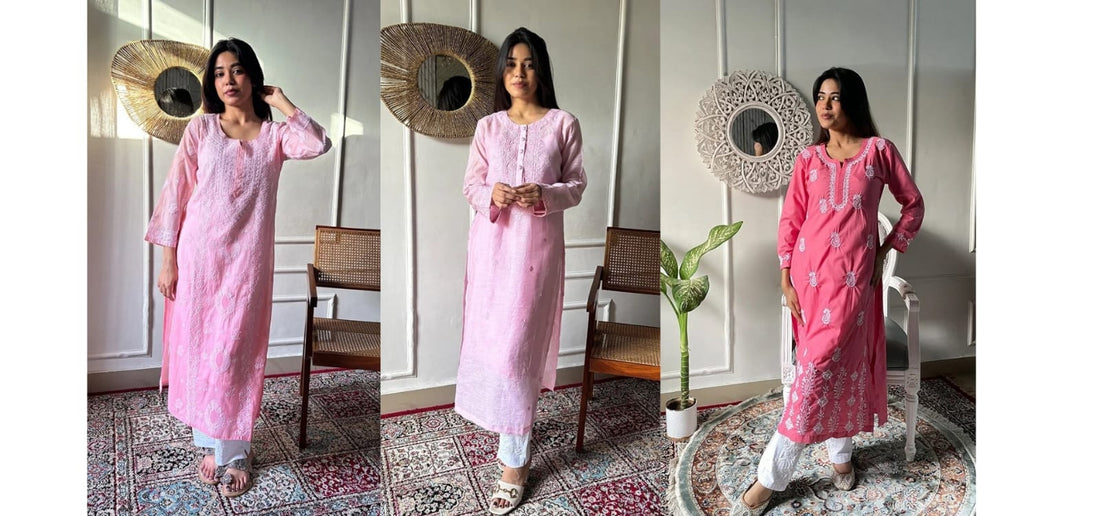 Pink chikankari kurti paired with denim for casual everyday wear