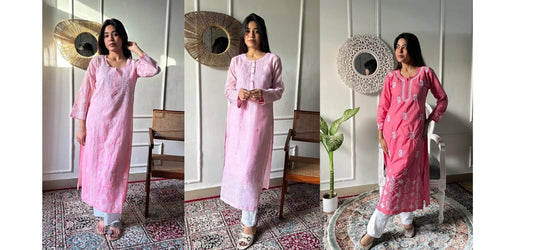 Pink chikankari kurti paired with denim for casual everyday wear