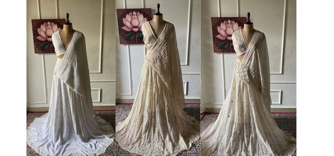 Red chikankari bridal lehenga with hand embroidery by Nazrana Chikan, Lucknow
