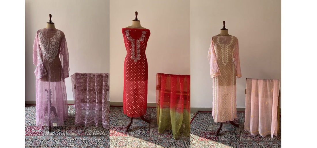 Chikankari unstitched suit material with hand embroidery by Nazrana Chikan, Lucknow
