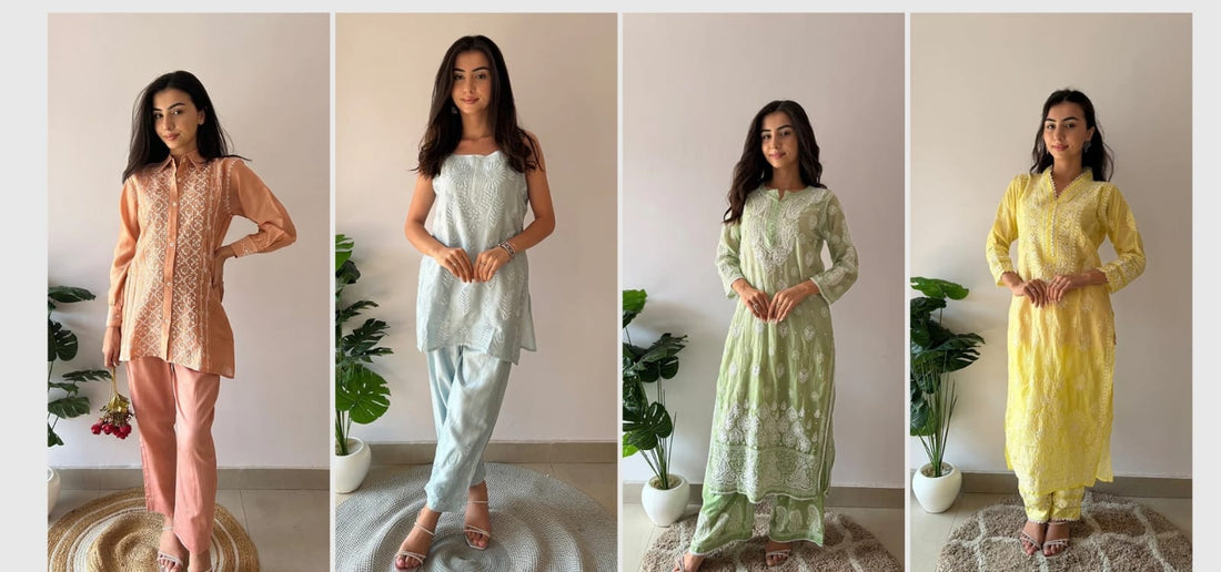 White cotton chikankari suit for women by Nazrana Chikan, Lucknow