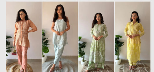 White cotton chikankari suit for women by Nazrana Chikan, Lucknow