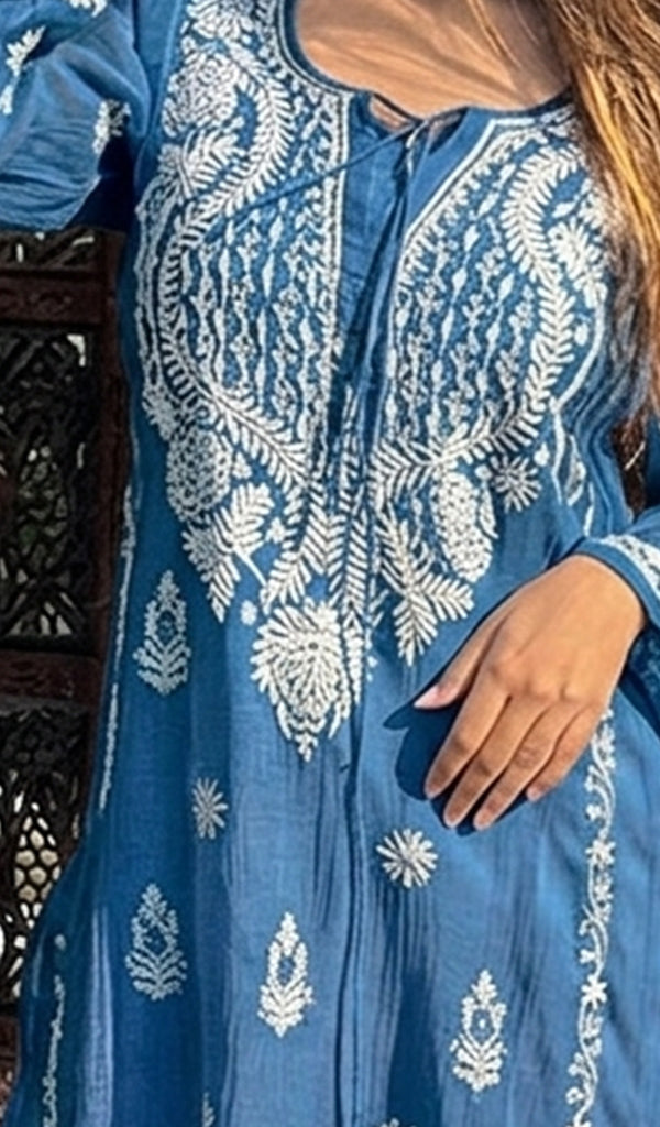 Nafasat Women's Lucknowi Handcrafted Mul Chanderi Chikankari Kurti - HONC0255568