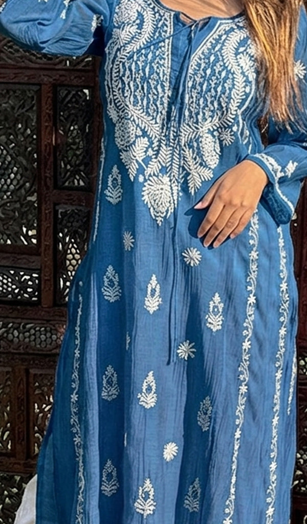 Nafasat Women's Lucknowi Handcrafted Mul Chanderi Chikankari Kurti - HONC0255568