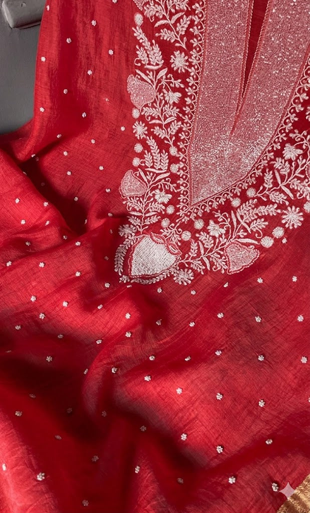 Navedaa Women's Lakhnavi Handcrafted Mul Chanderi UnStitched Kurta And Dupatta Set - HONC0318622