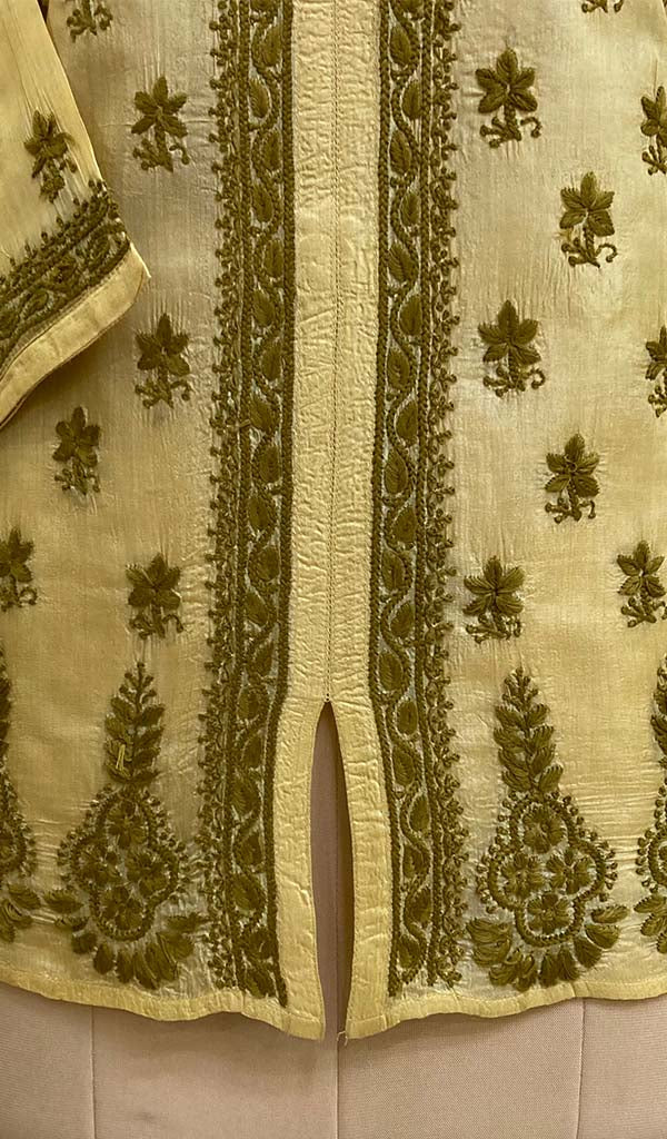 Women's Lakhnavi Handcrafted Dark Beige Tussar Silk Chikankari Top - HONC03058