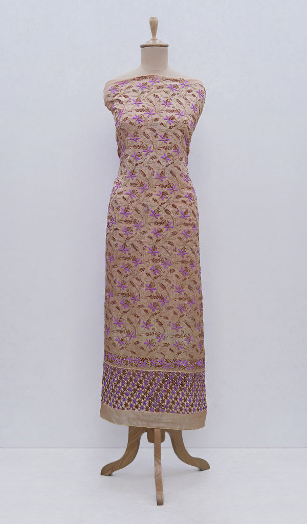 Women's Lakhnavi Handcrafted Tussar Silk Chikankari Unstitched Kurti Fabric - Honc0109225
