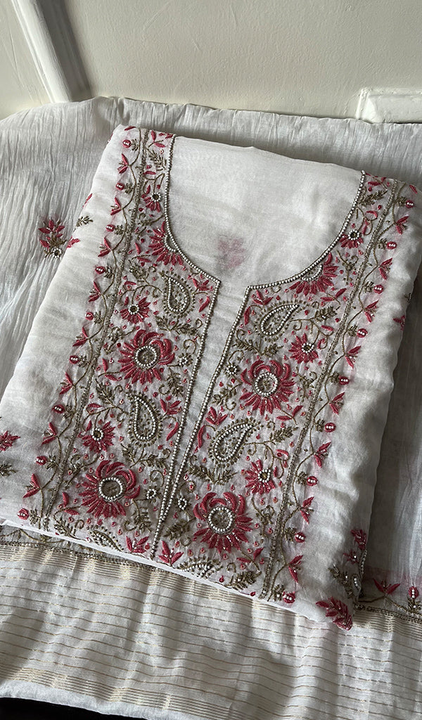 Women's Lakhnavi Handcrafted Mul Chanderi Unstitched Kurta And Dupatta Set - HONC0256380