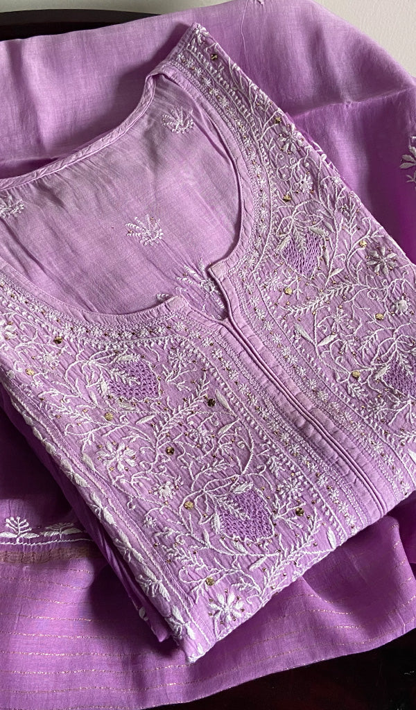 Women's Lakhnavi Handcrafted Mul Chanderi Semi - Stitched Kurta And Dupatta Set - HONC0201964