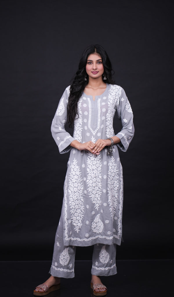 Safina Women's Lakhnavi Handcrafted Modal Cotton Chikankari Kurta And Palazzo Set - HONC0124063