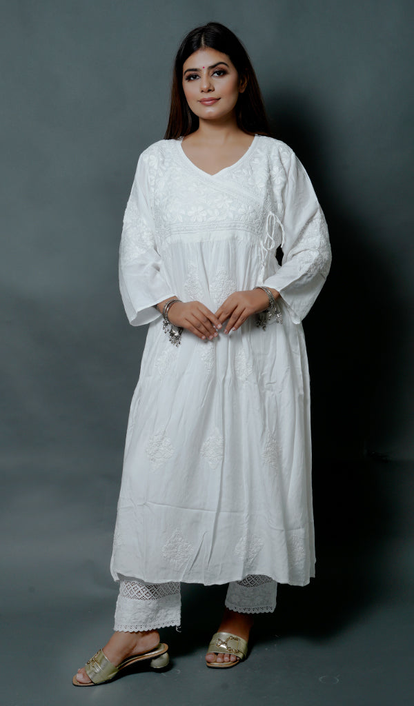 Women's Lucknowi Handcrafted Modal Cotton Chikankari Angrakha - HONC0137211