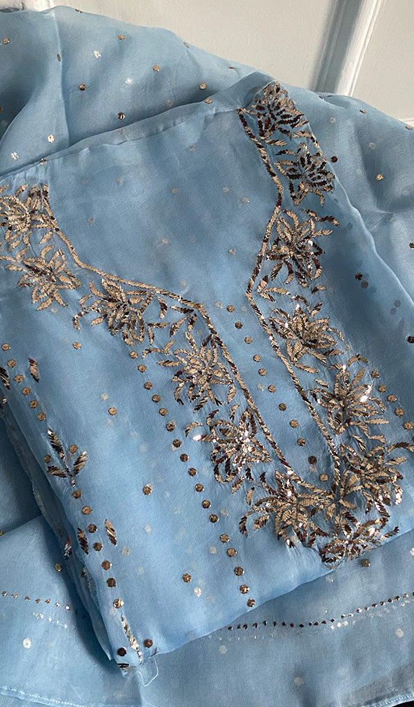 Marifa Women's Lakhnavi Handcrafted Pure Organza Chikankari Unstitched Kurta And Dupatta Set - HONC0228391
