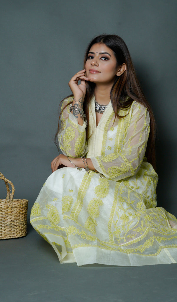 Gul Women's Lakhnavi Handcrafted Organza Chikankari Anarkali Dress- HONC040028
