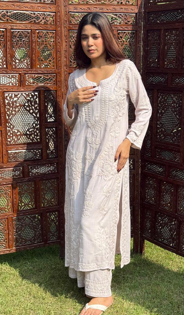 Shifa Women's Lakhnavi Handcrafted Linen Cotton Chikankari Kurta And Palazzo Set - HONC02443290