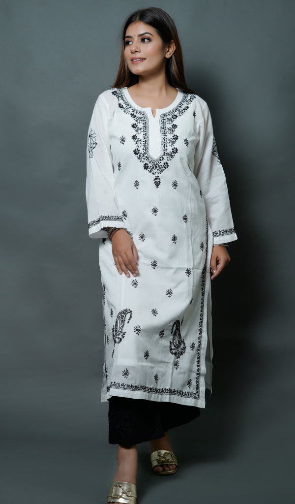White Angarkha Style Long Kurti, Modal Lucknow Chikankari Kurta - Etsy  Norway