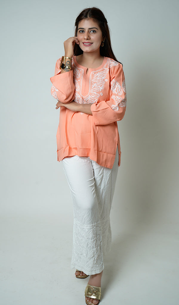 Lakhnavi 手工莫代尔棉 Chikankari 上衣 - HONC0131782