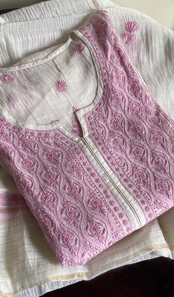 Women's Lakhnavi Handcrafted Mul Chanderi Semi - Stitched Kurta And Dupatta Set - HONC0235171