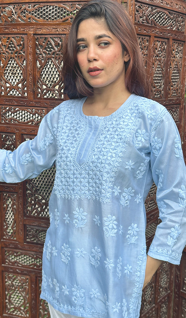Hania Women's Lakhnavi Handcrafted Chanderi Silk Chikankari Top - HONC0237451