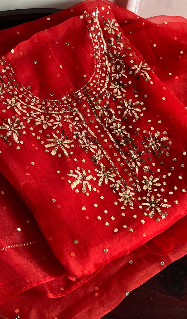 Marifa Women's Lakhnavi Handcrafted Pure Organza Chikankari Semi - Stitched Kurta And Dupatta Set - HONC0186598