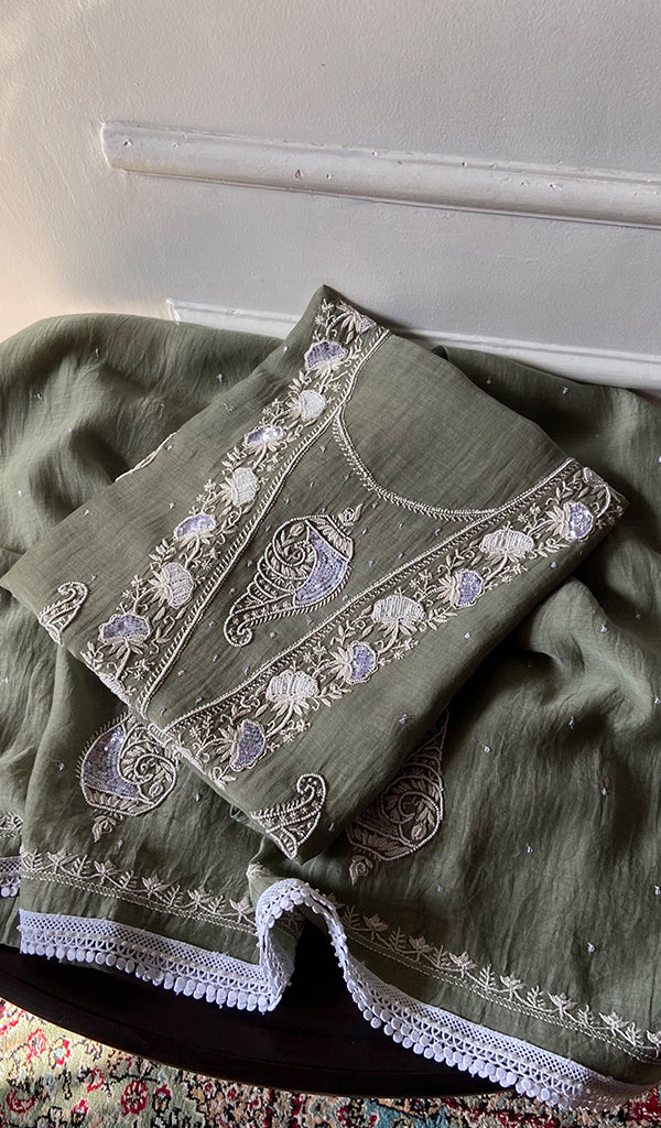 Shank Women's Lakhnavi Handcrafted Mul Chanderi Unstitched Kurta And Dupatta Set- HONC03148001