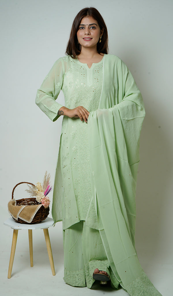 Women's Lakhnavi Handcrafted Viscose Georgette Chikankari Kurta And Sharara Set With Dupatta - HONC0142362