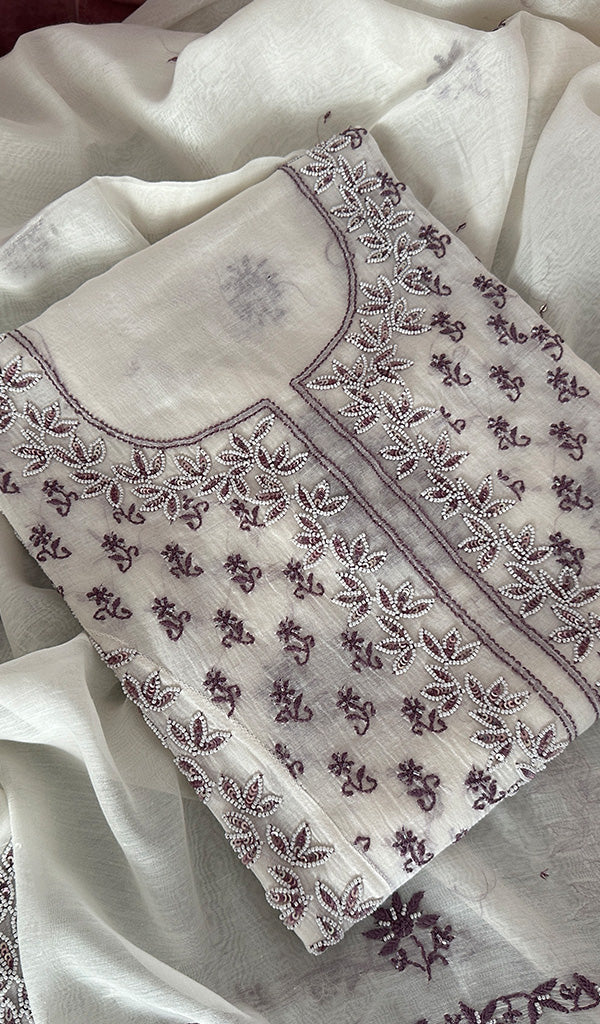Saziya Women's Lakhnavi Handcrafted Mul Chanderi Semi - Stitched Kurta And Dupatta Set - HONC0227115