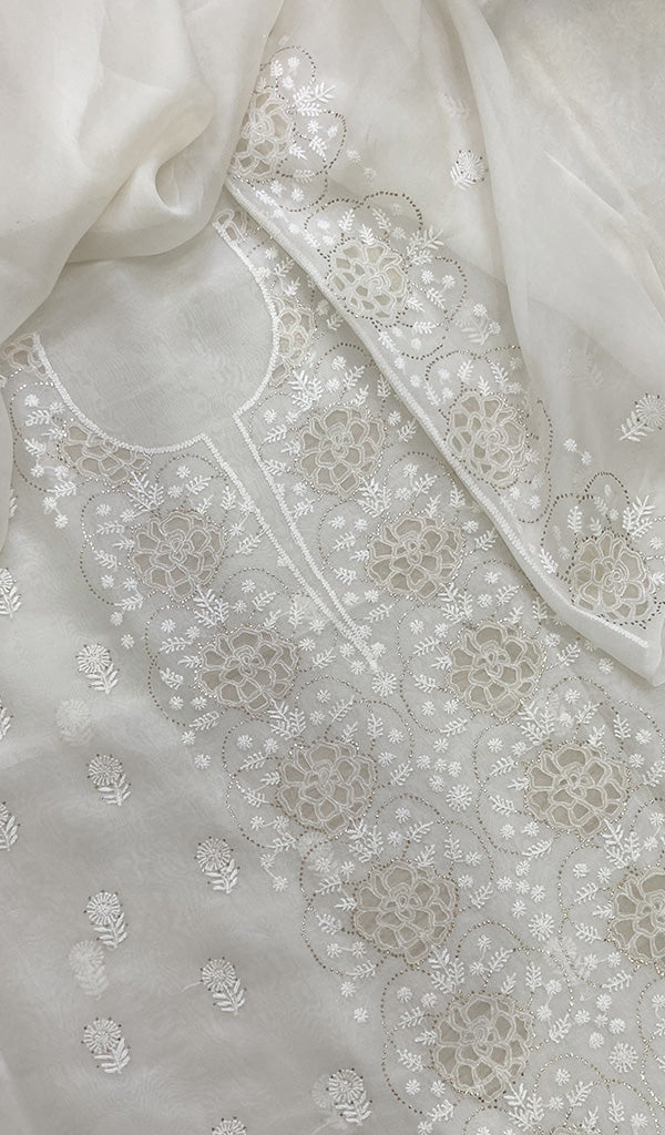Women's Lakhnavi Handcrafted Pure Organza Chikankari Unstitched Kurta And Dupatta Set- HONC0222853