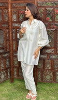 Afifa Women's Lakhnavi Handcrafted Chanderi Silk Chikankari Top And Pant Set - HONC0243260