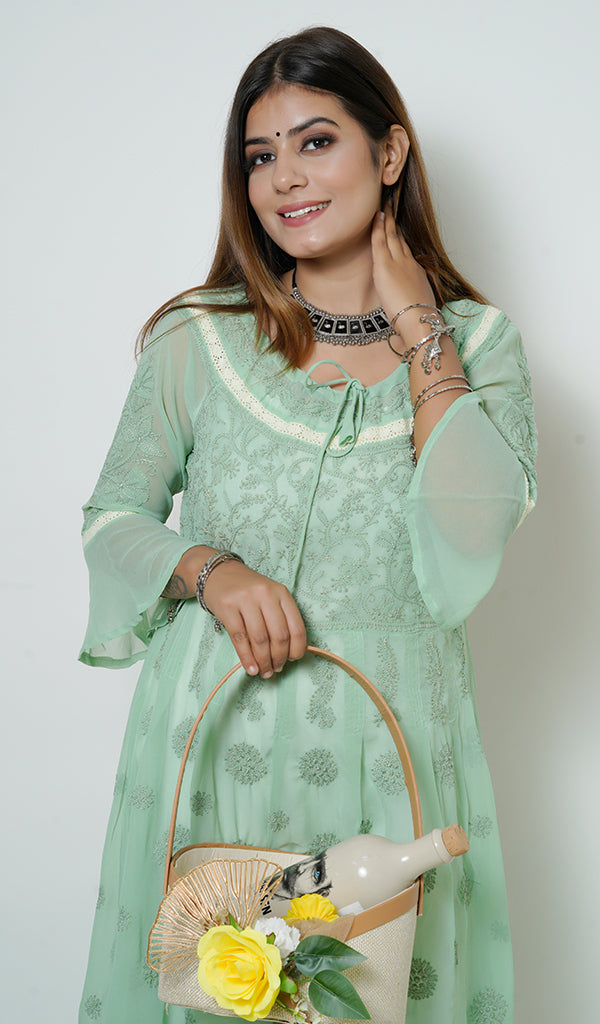 Aidah Women's Lucknowi Handcrafted Faux-Georgette Chikankari Anarkali Dress - NC058048
