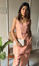 Load image into Gallery viewer, Amreena Women&#39;s Lakhnavi Handcrafted Chanderi Silk Chikankari Top And Pant Set - HONC0290577
