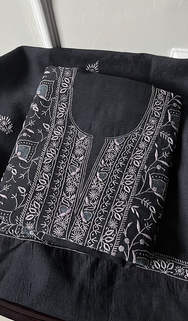 Women's Lakhnavi Handcrafted Munga Silk Chikankari Kurta And Dupatta Set - HONC0256129