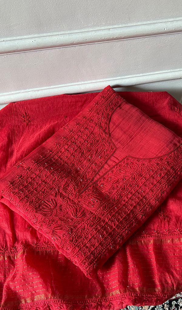Women's Lakhnavi Handcrafted Mul Chanderi Unstitched Chikankari Full Suit Material - HONC0344340