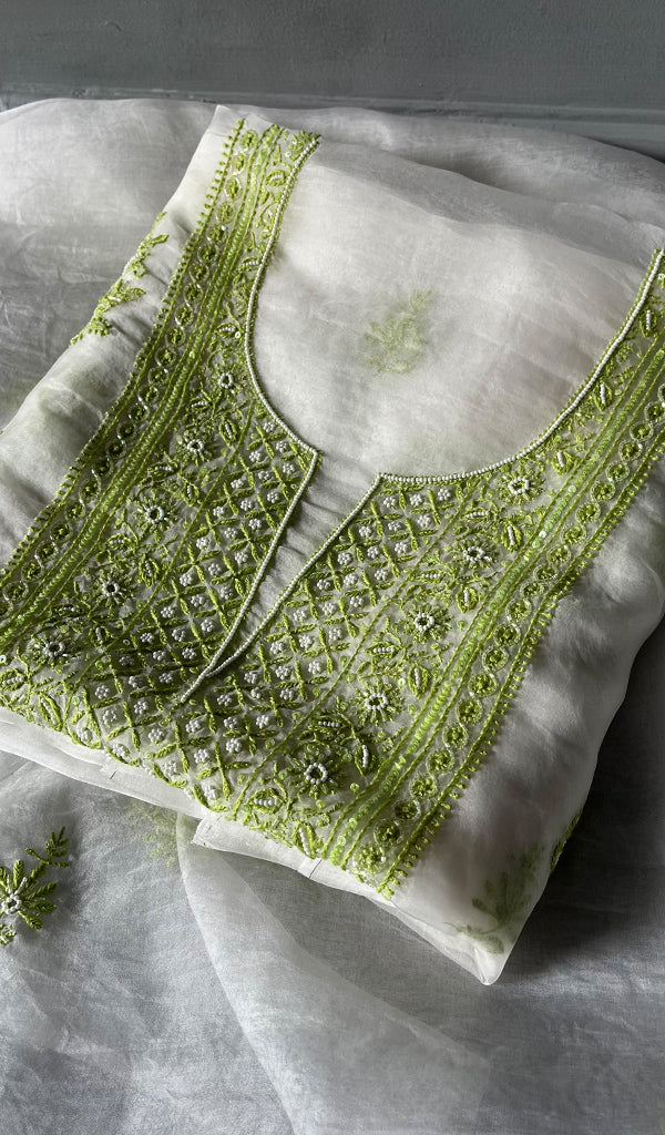 Women's Lakhnavi Handcrafted Pure Organza Chikankari Unstitched Kurta And Dupatta Set- HONC0310181