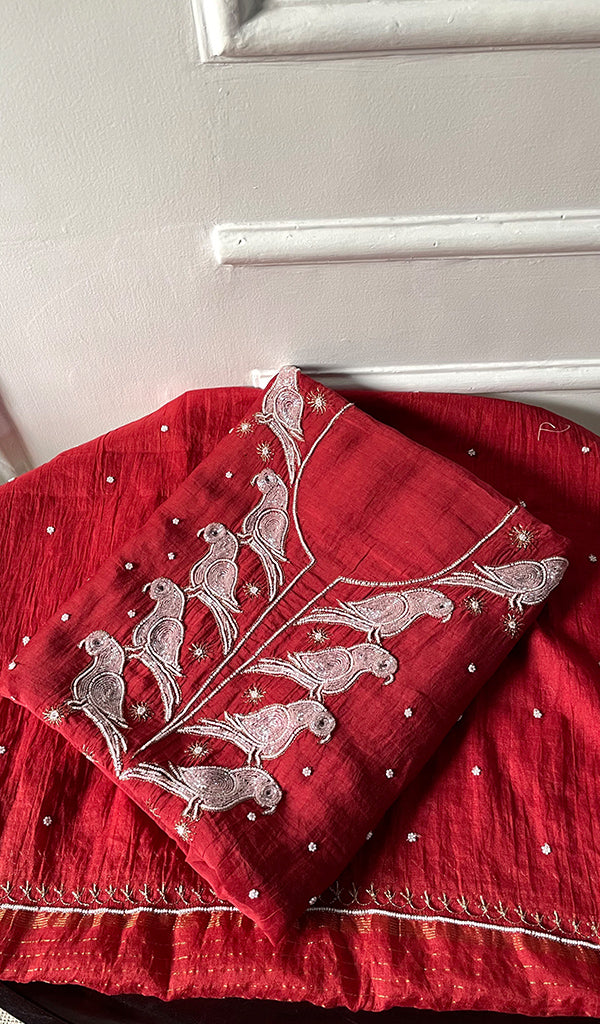 Chidiya Women's Lakhnavi Handcrafted Mul Chanderi Unstitched Kurta And Dupatta Set- HONC0323417