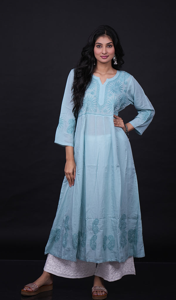 Sabana Women's Lucknowi Handcrafted Mul Cotton Chikankari Anarkali Dress- HONC0164020