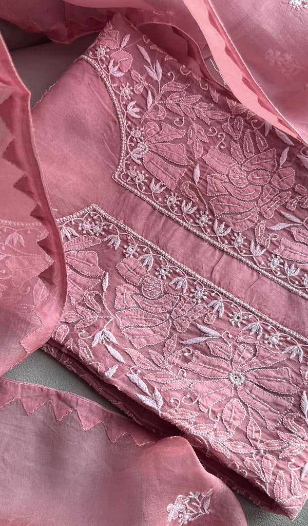 Women's Lakhnavi Handcrafted Pure Organza Chikankari Unstitched Kurta And Dupatta Set- HONC0233729