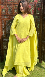 Load image into Gallery viewer, Women&#39;s Lakhnavi Handcrafted Cotton Chikankari Kurta, Palazzo and Dupatta Set - HONC0135812
