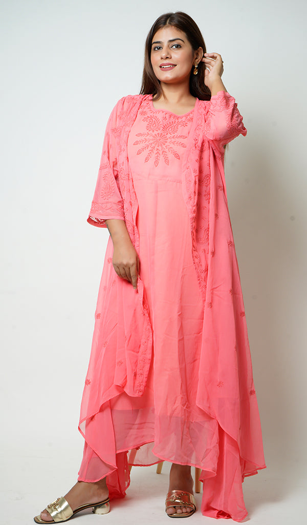 Lakhnavi 手工制作人造乔其纱 Chikankari 前开襟连衣裙 - HONC0137254
