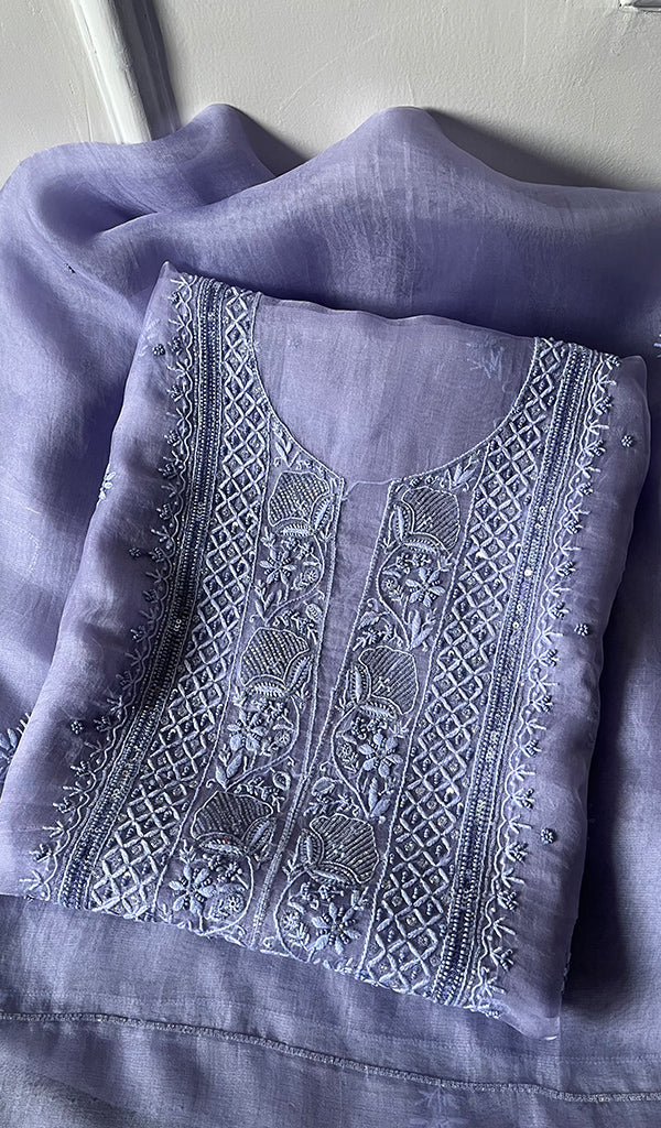 Women's Lakhnavi Handcrafted Pure Organza Chikankari Unstitched Kurta And Dupatta Set- HONC0SOLD