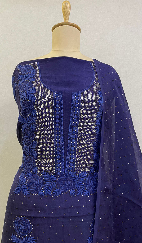Rose Women's Lucknowi Handcrafted Pure Organza Silk Chikankari Kurta Dupatta Set - HONC0231305