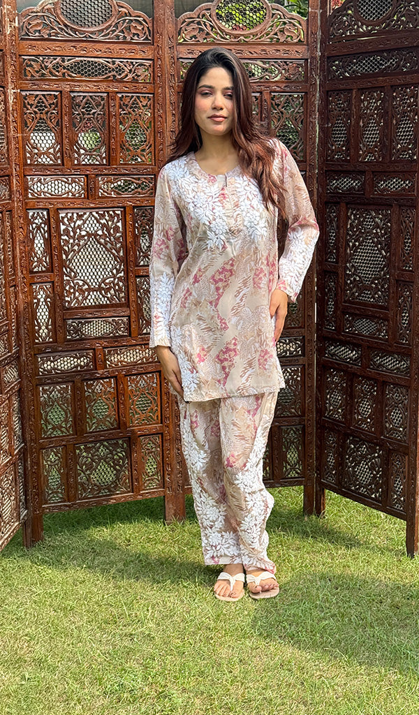 Farzeen Women's Lakhnavi Handcrafted Modal Silk Chikankari Top And Pant Set - HONC0246089