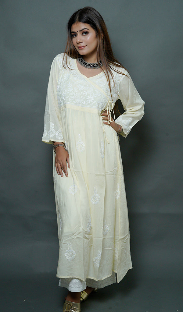 Neha Women's Lucknowi Handcrafted Modal Cotton Chikankari Angrakha Dress - HONC0102858