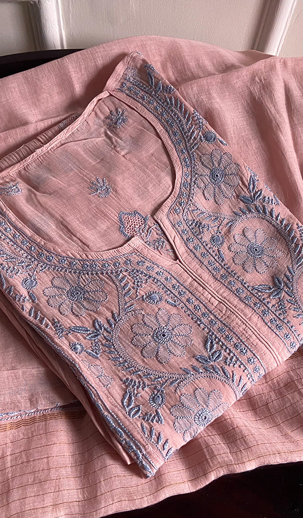 Women's Lakhnavi Handcrafted Mul Chanderi Semi - Stitched Kurta And Dupatta Set - HONC0226768
