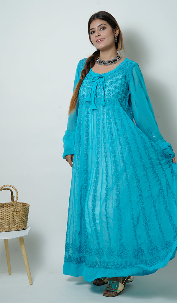 Fiza Women's Lakhnavi Handcrafted Turquoise Faux-Georgette Chikankari Anarkali Dress - NC0854